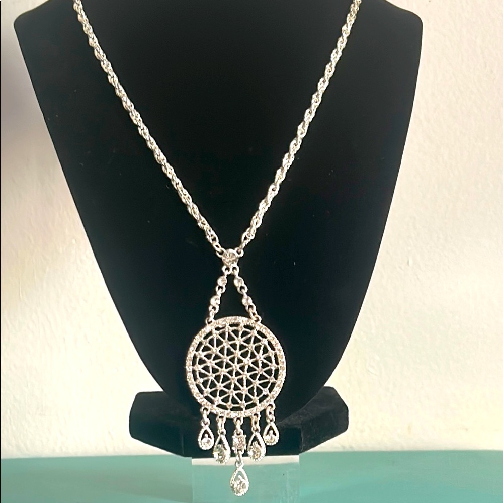 Art Deco Silver Tone Rhinestone Encrusted Chandelier Filigree Pendant Necklace - Picture 9 of 9